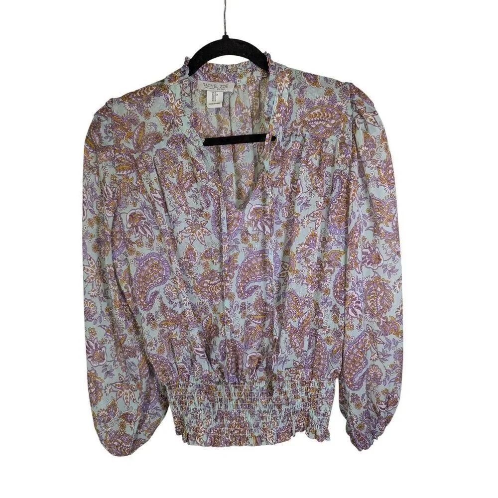 Rachel Zoe Peasant Blouse Blue and Purple Paisley Print with Smocked Long Sleeve